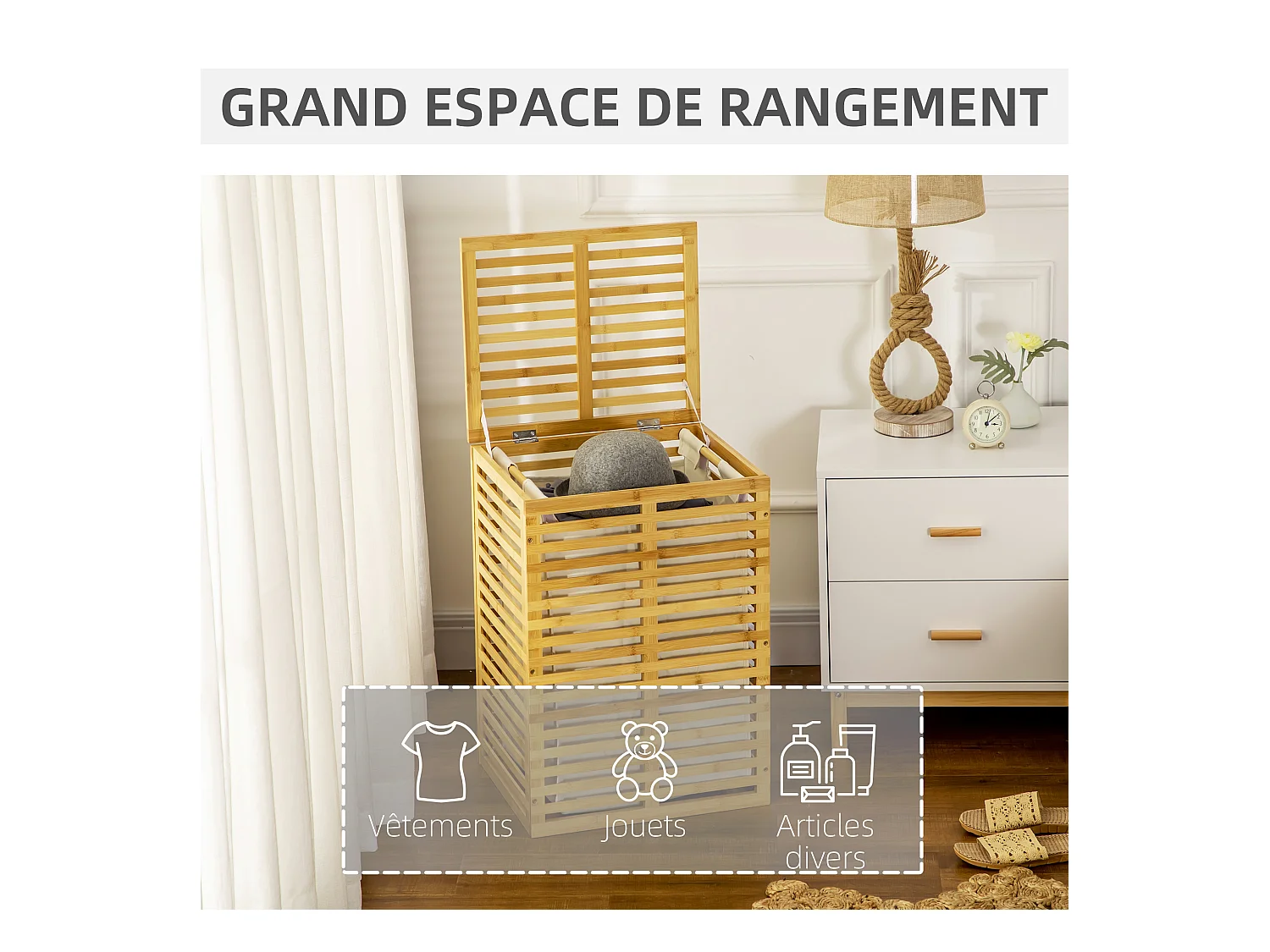 Panier à linge corbeille à linge bac à linge bambou couvercle sac amovible polyester beige