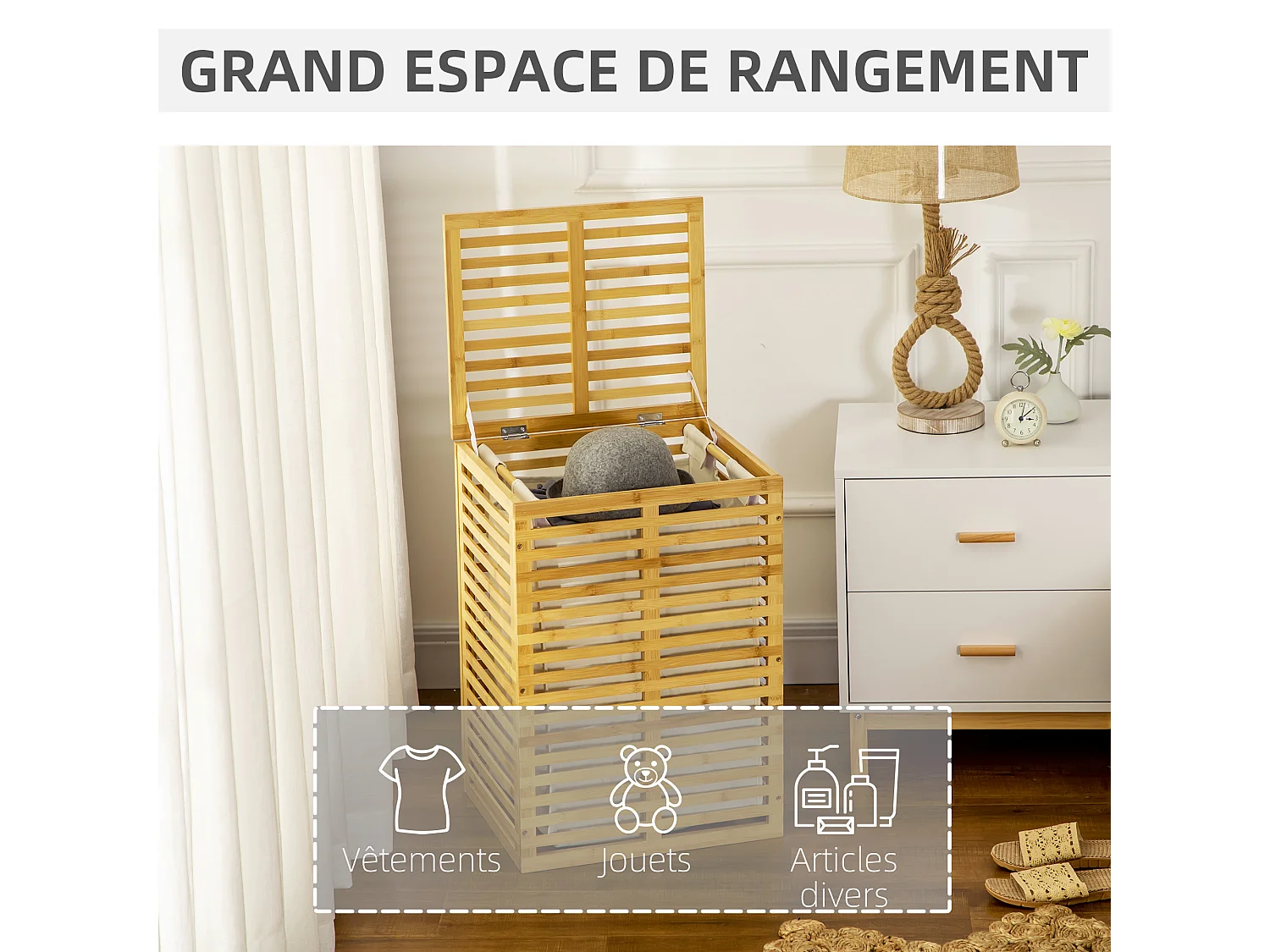 Panier à linge corbeille à linge bac à linge bambou couvercle sac amovible polyester beige