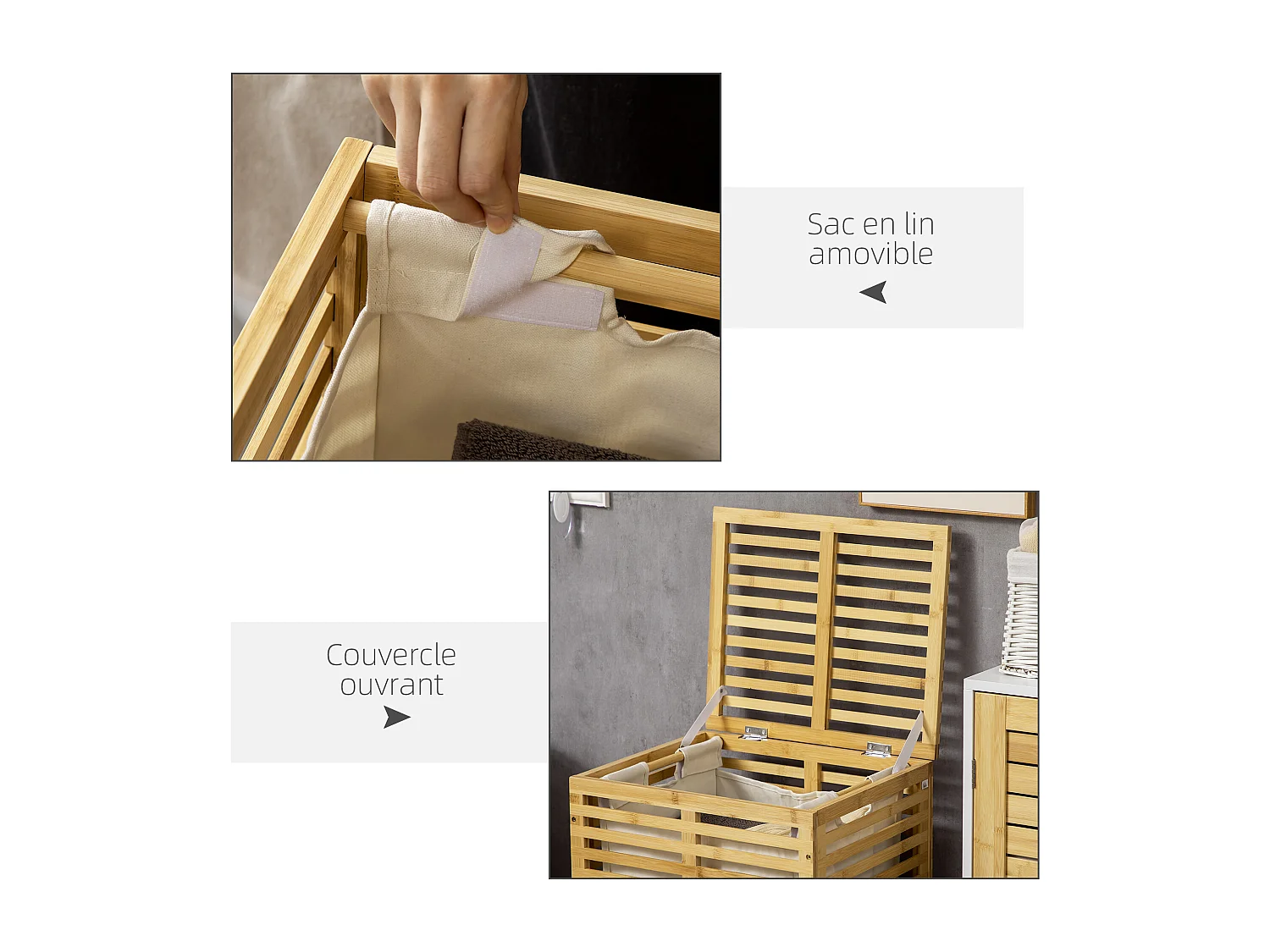 Panier à linge corbeille à linge bac à linge bambou couvercle sac amovible polyester beige