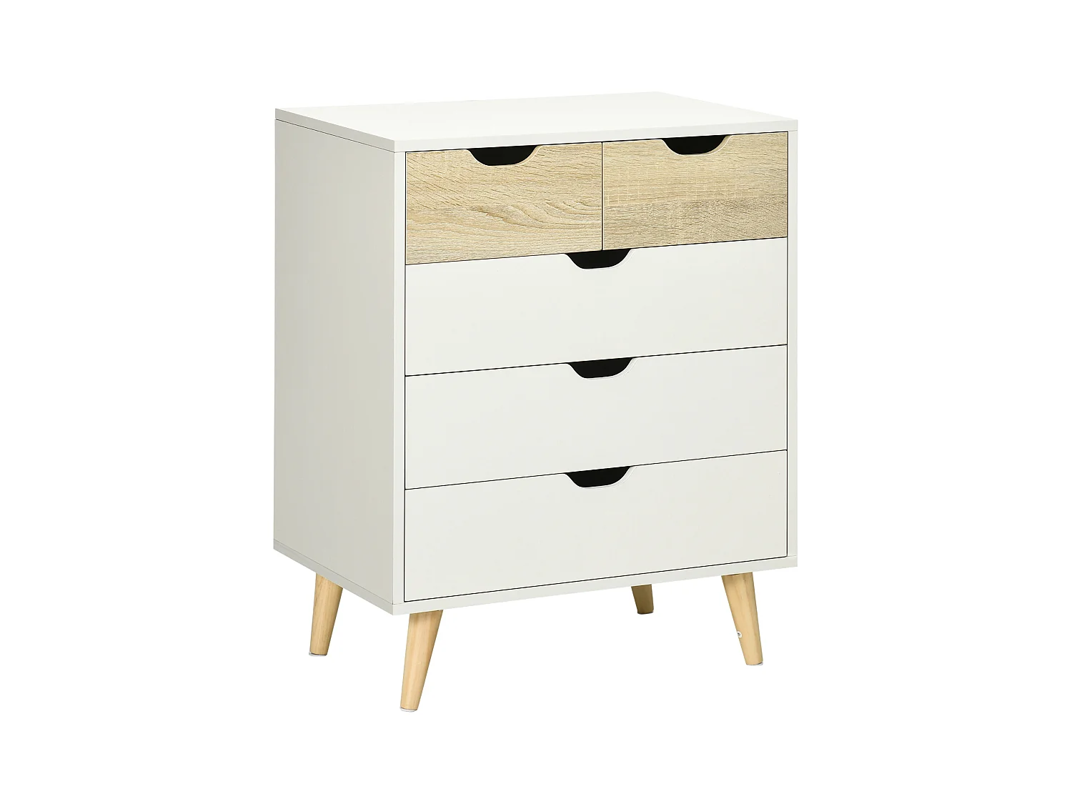 Commode design scandinave 5 tiroirs coulissants piètement bois effilé incliné panneaux blanc aspect bois clair