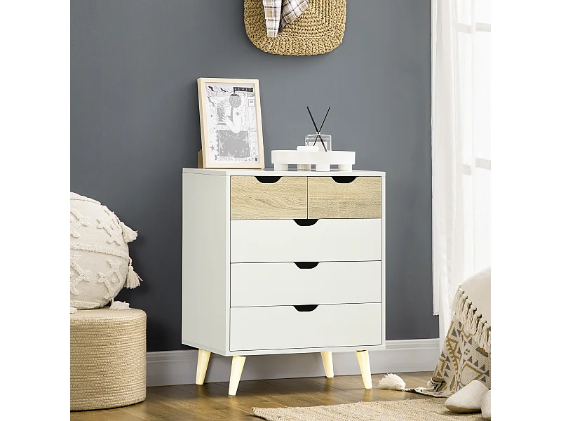 Commode design scandinave 5 tiroirs coulissants piètement bois effilé incliné panneaux blanc aspect bois clair