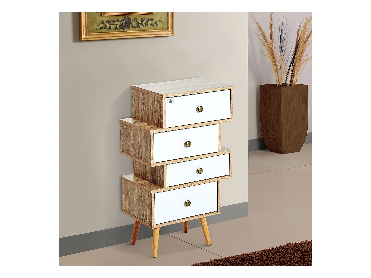 Meuble commode chiffonnier style scandinave 4 tiroirs coulissants 47 x 30 x 81 cm coloris blanc bois de chêne