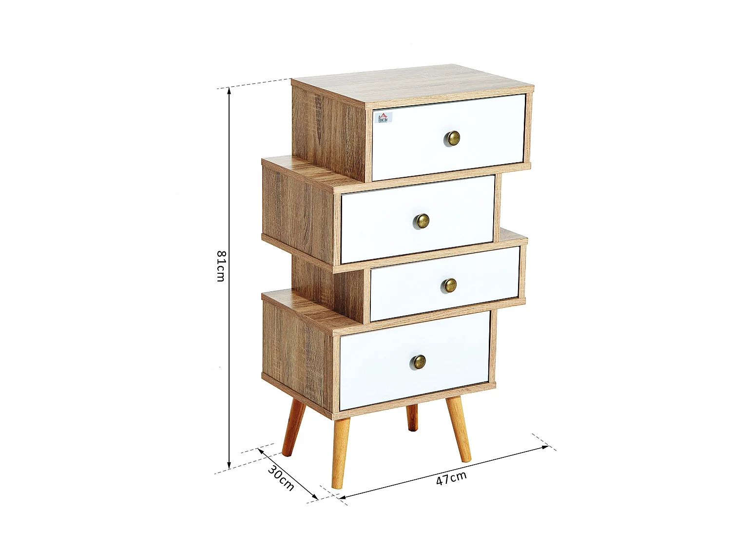 Meuble commode chiffonnier style scandinave 4 tiroirs coulissants 47 x 30 x 81 cm coloris blanc bois de chêne
