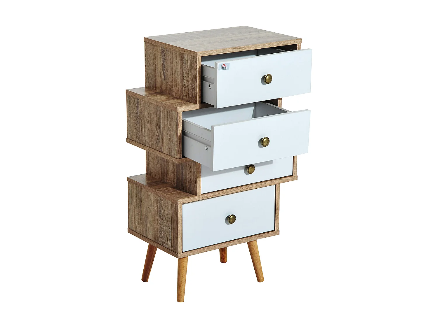 Meuble commode chiffonnier style scandinave 4 tiroirs coulissants 47 x 30 x 81 cm coloris blanc bois de chêne