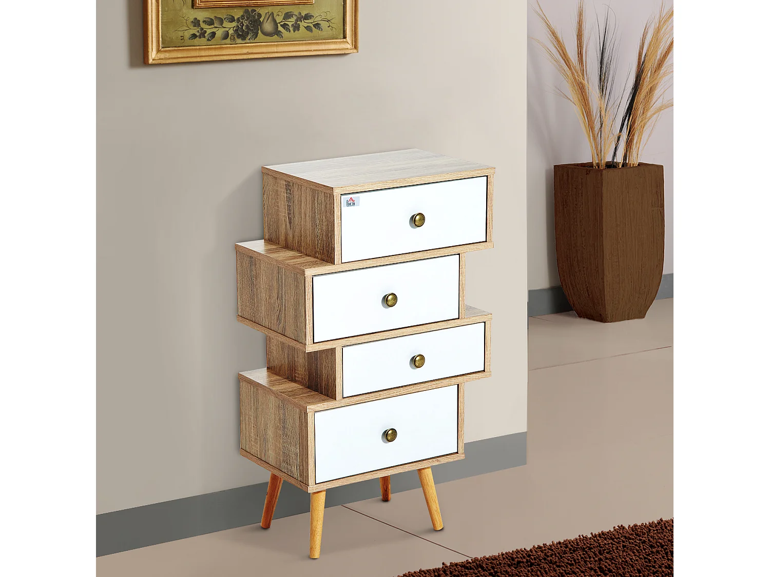 Meuble commode chiffonnier style scandinave 4 tiroirs coulissants 47 x 30 x 81 cm coloris blanc bois de chêne