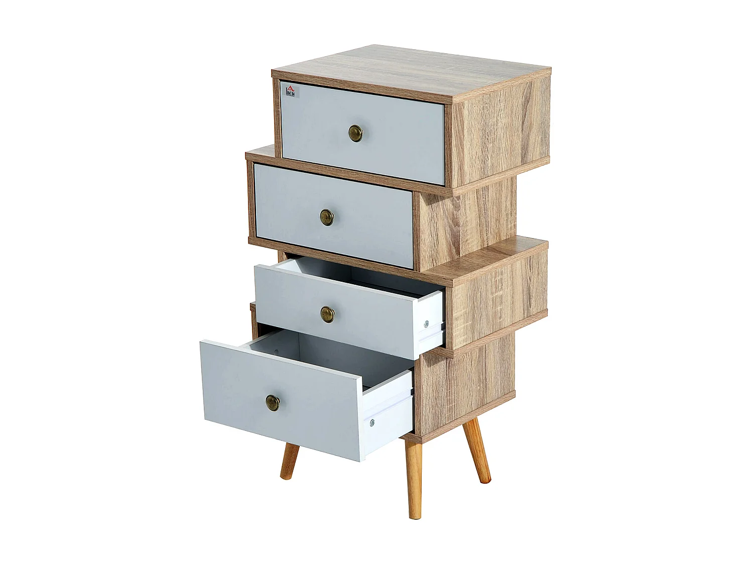 Meuble commode chiffonnier style scandinave 4 tiroirs coulissants 47 x 30 x 81 cm coloris blanc bois de chêne
