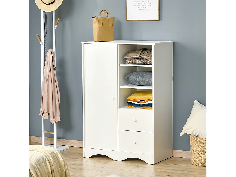 Armoire - meuble multi-rangements - placard porte 5 étagères, 3 niches, 2 tiroirs - panneaux de particules blanc