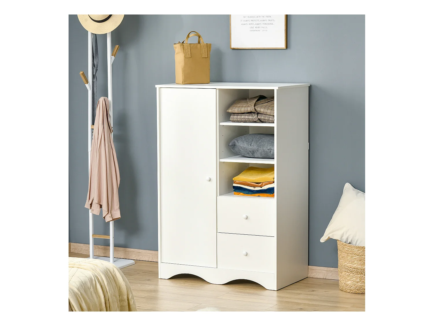 Armoire - meuble multi-rangements - placard porte 5 étagères, 3 niches, 2 tiroirs - panneaux de particules blanc