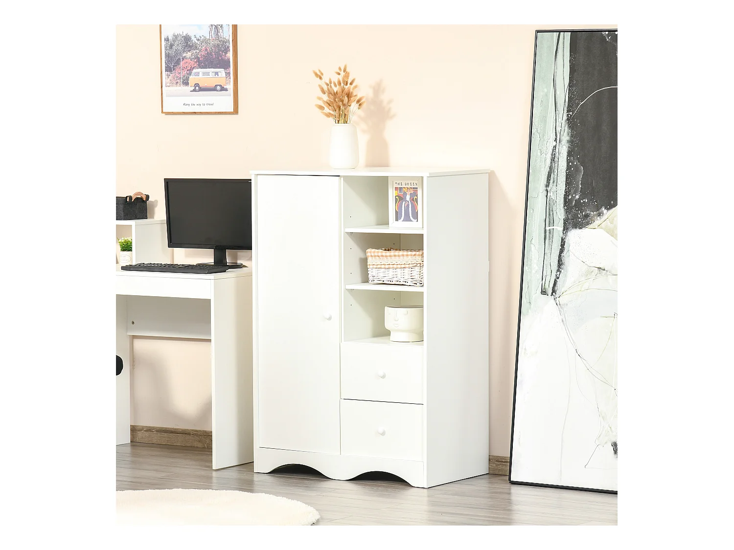 Armoire - meuble multi-rangements - placard porte 5 étagères, 3 niches, 2 tiroirs - panneaux de particules blanc
