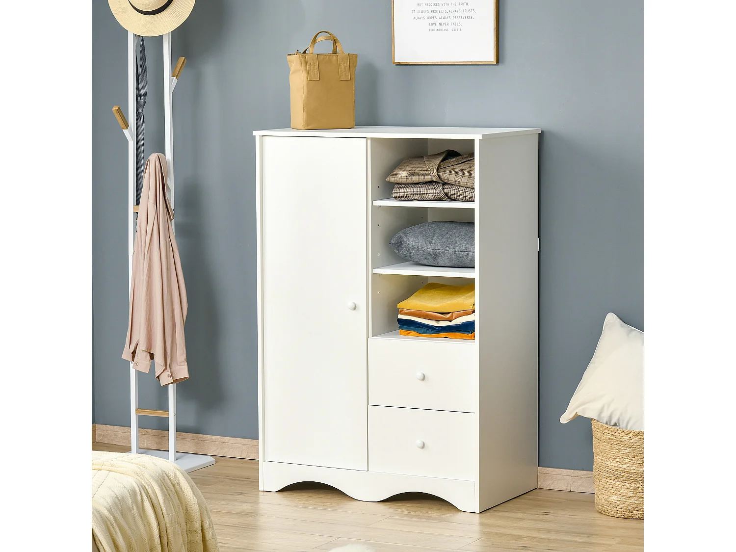 Armoire - meuble multi-rangements - placard porte 5 étagères, 3 niches, 2 tiroirs - panneaux de particules blanc