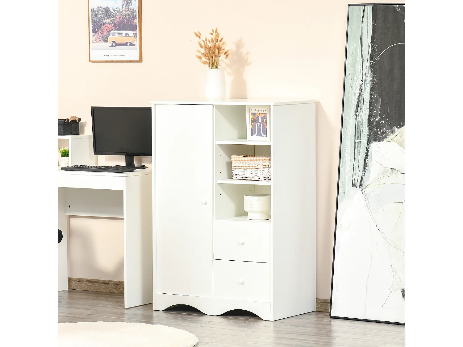 Armoire - meuble multi-rangements - placard porte 5 étagères, 3 niches, 2 tiroirs - panneaux de particules blanc