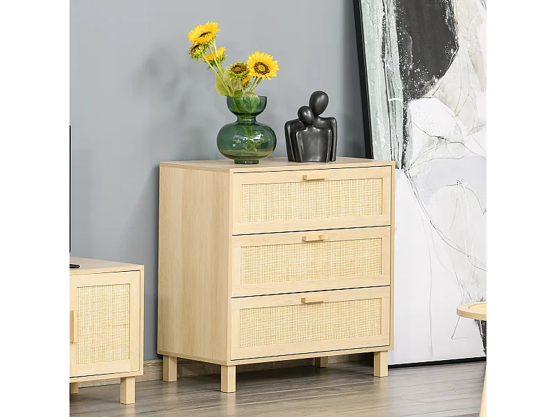 Commode 3 tiroirs cannage en rotin dim. 80L x 40l x 80H cm MDF aspect bois clair