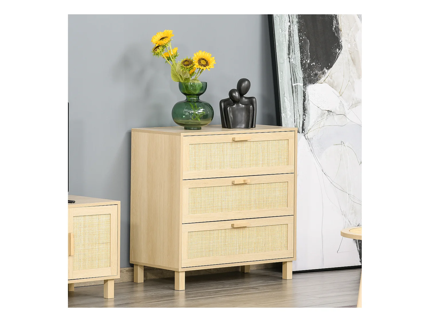 Commode 3 tiroirs cannage en rotin dim. 80L x 40l x 80H cm MDF aspect bois clair