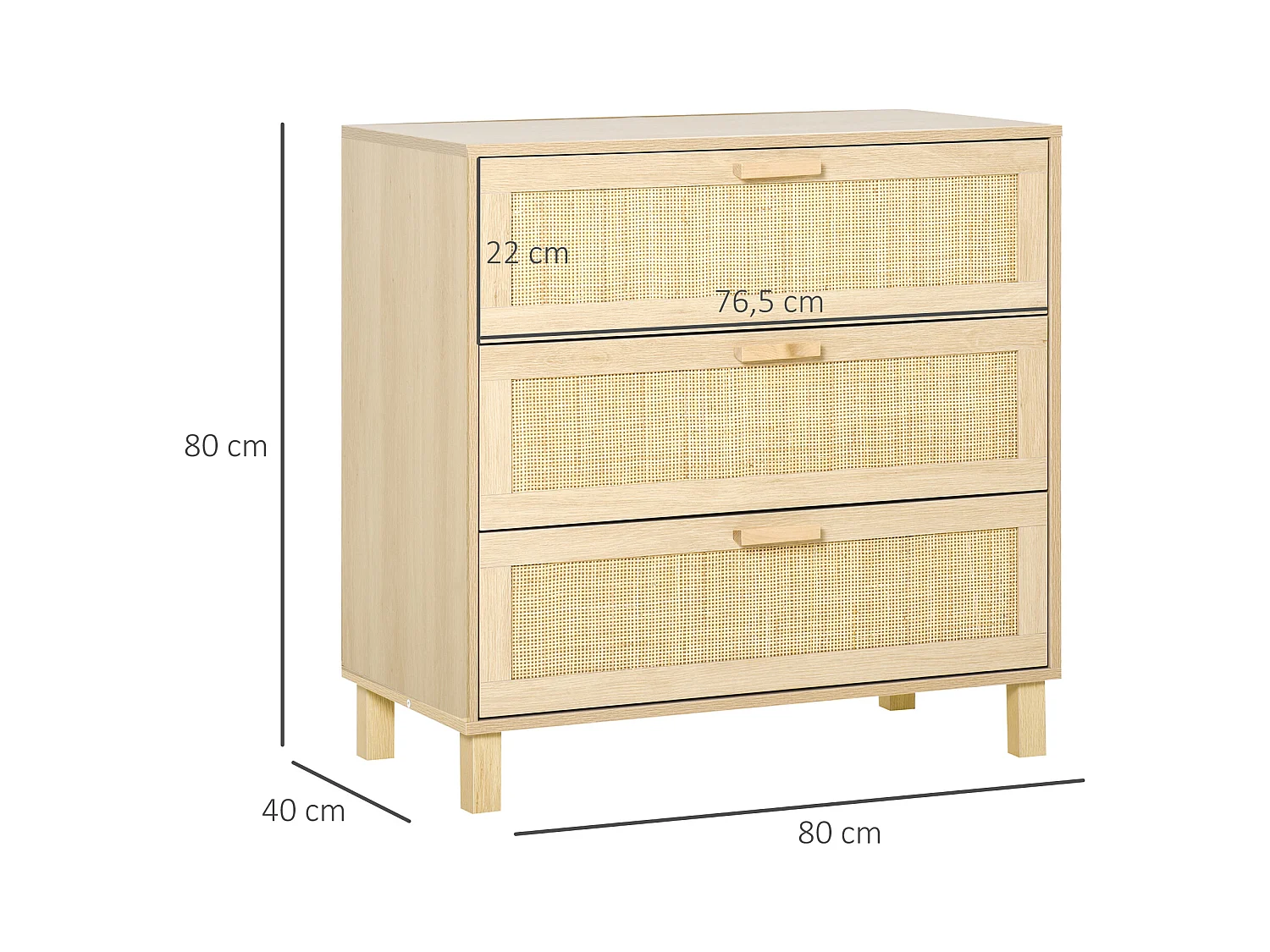 Commode 3 tiroirs cannage en rotin dim. 80L x 40l x 80H cm MDF aspect bois clair