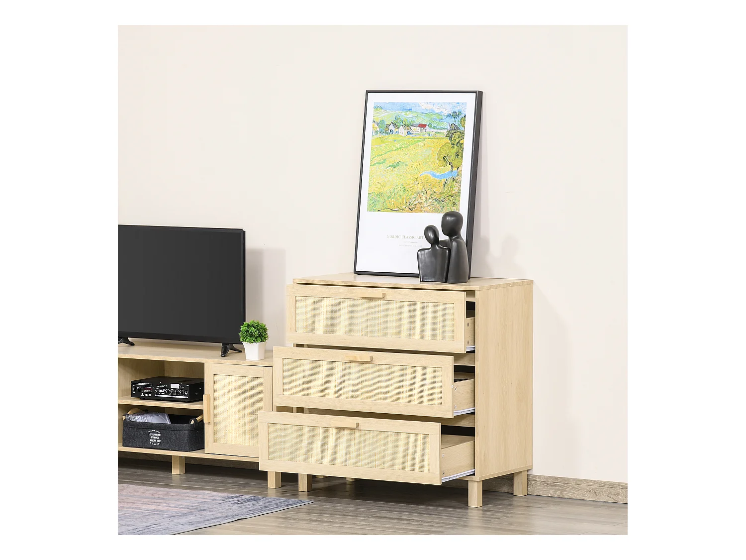 Commode 3 tiroirs cannage en rotin dim. 80L x 40l x 80H cm MDF aspect bois clair