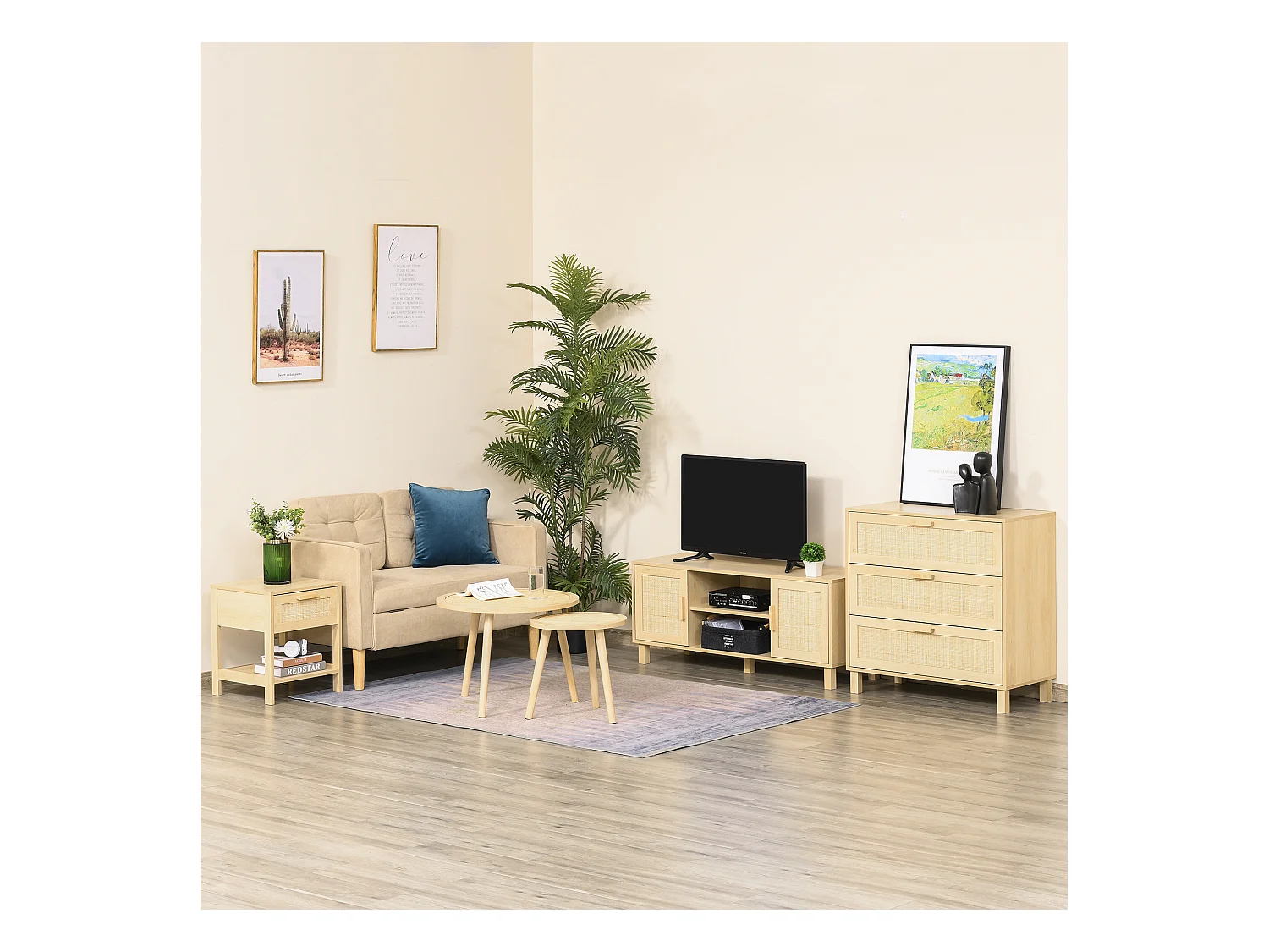 Commode 3 tiroirs cannage en rotin dim. 80L x 40l x 80H cm MDF aspect bois clair