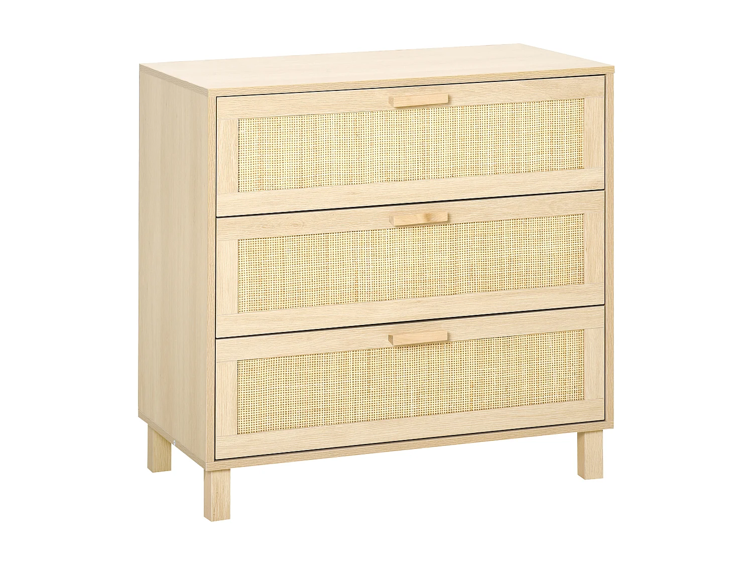 Commode 3 tiroirs cannage en rotin dim. 80L x 40l x 80H cm MDF aspect bois clair