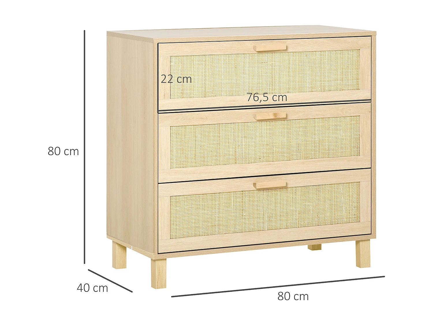 Commode 3 tiroirs cannage en rotin dim. 80L x 40l x 80H cm MDF aspect bois clair