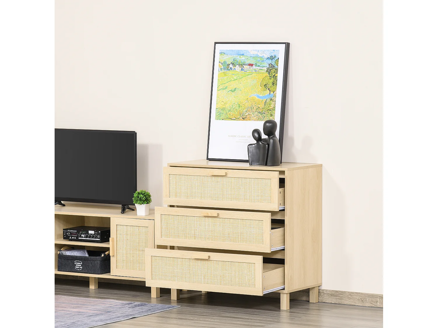 Commode 3 tiroirs cannage en rotin dim. 80L x 40l x 80H cm MDF aspect bois clair