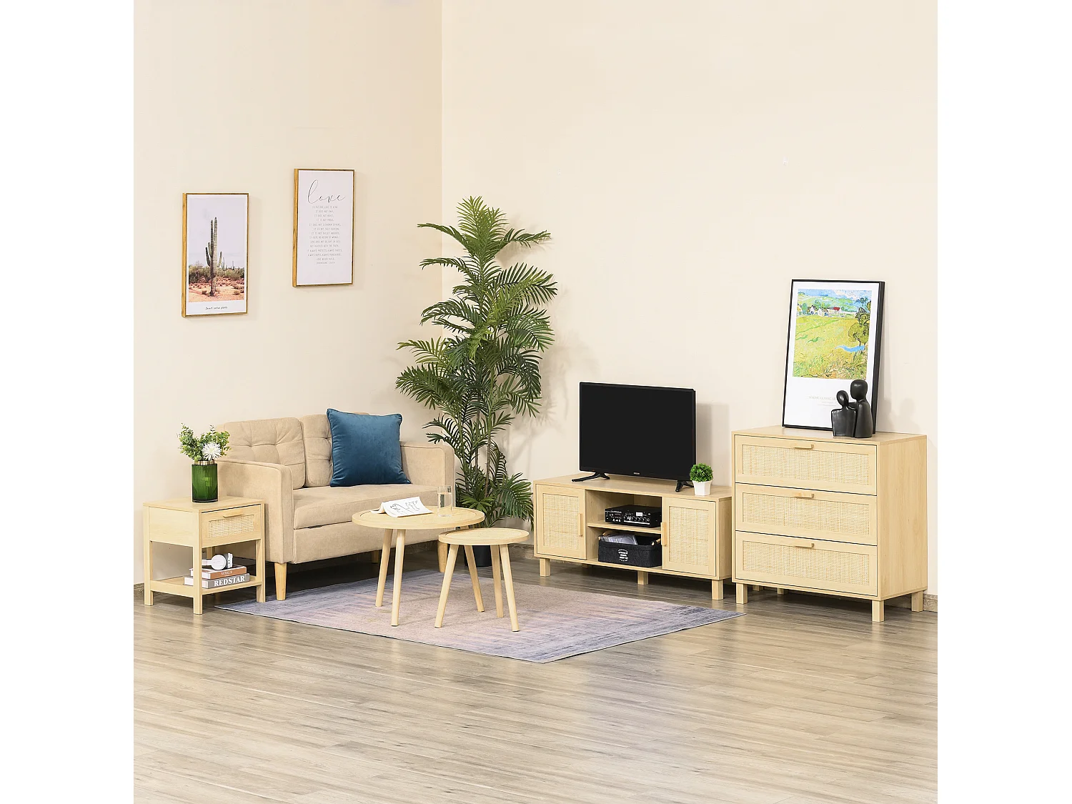 Commode 3 tiroirs cannage en rotin dim. 80L x 40l x 80H cm MDF aspect bois clair