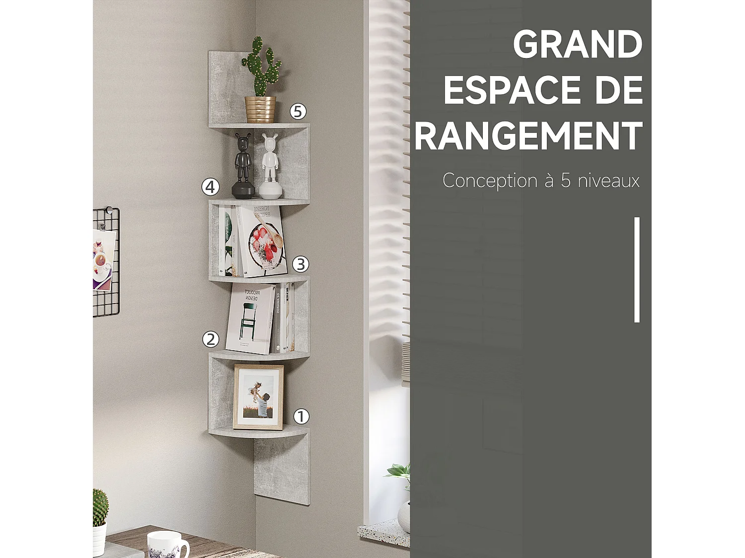 Étagère d'angle étagère de rangement design contemporain zig zag 20L x 20l x 126H cm 5 niveaux panneaux de particules gris