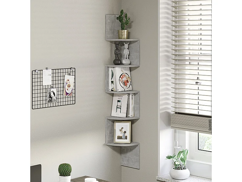 Étagère d'angle étagère de rangement design contemporain zig zag 20L x 20l x 126H cm 5 niveaux panneaux de particules gris