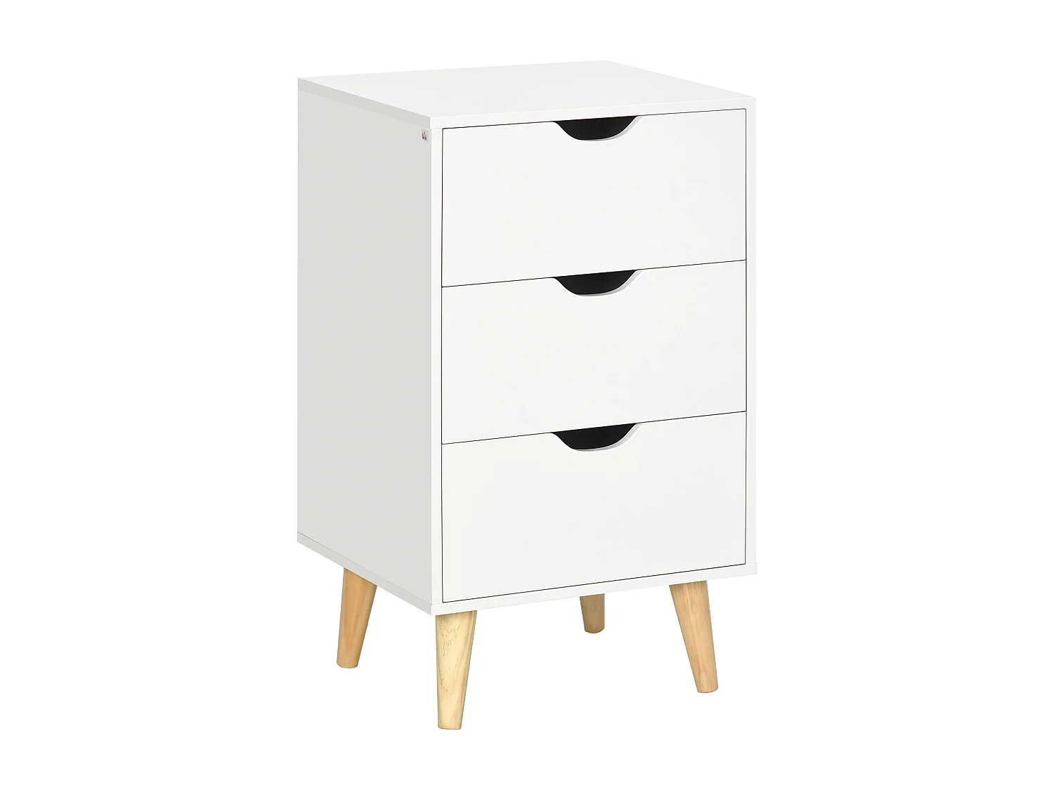 Meuble de rangement chiffonnier 3 tiroirs design scandinave piètement effilé incliné bois pin panneaux blanc
