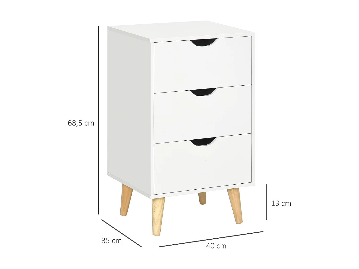 Meuble de rangement chiffonnier 3 tiroirs design scandinave piètement effilé incliné bois pin panneaux blanc