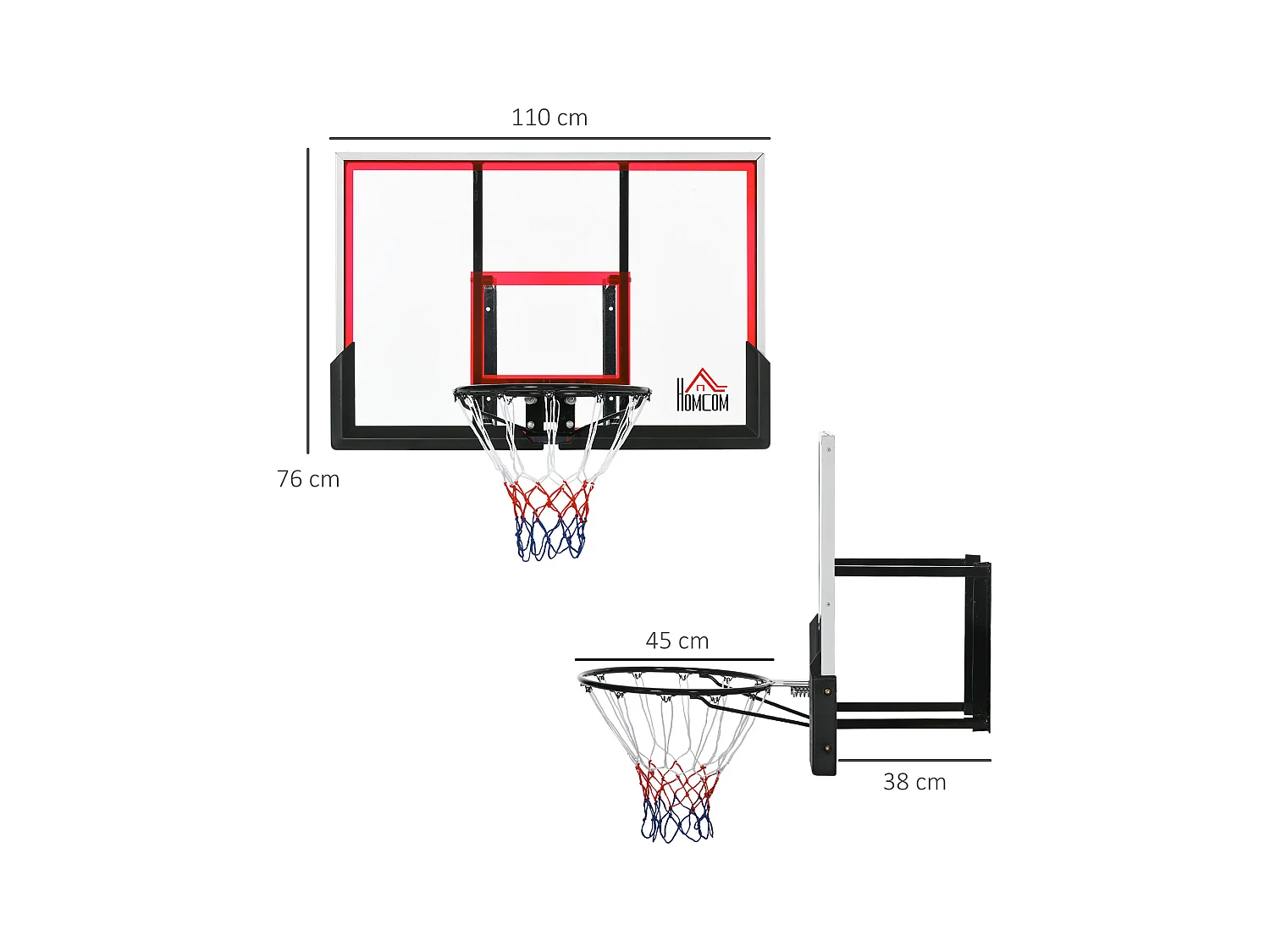 Panier de basket-ball mural avec ressort - panneau de basket à accrocher - visserie incluse - acier PC rouge noir