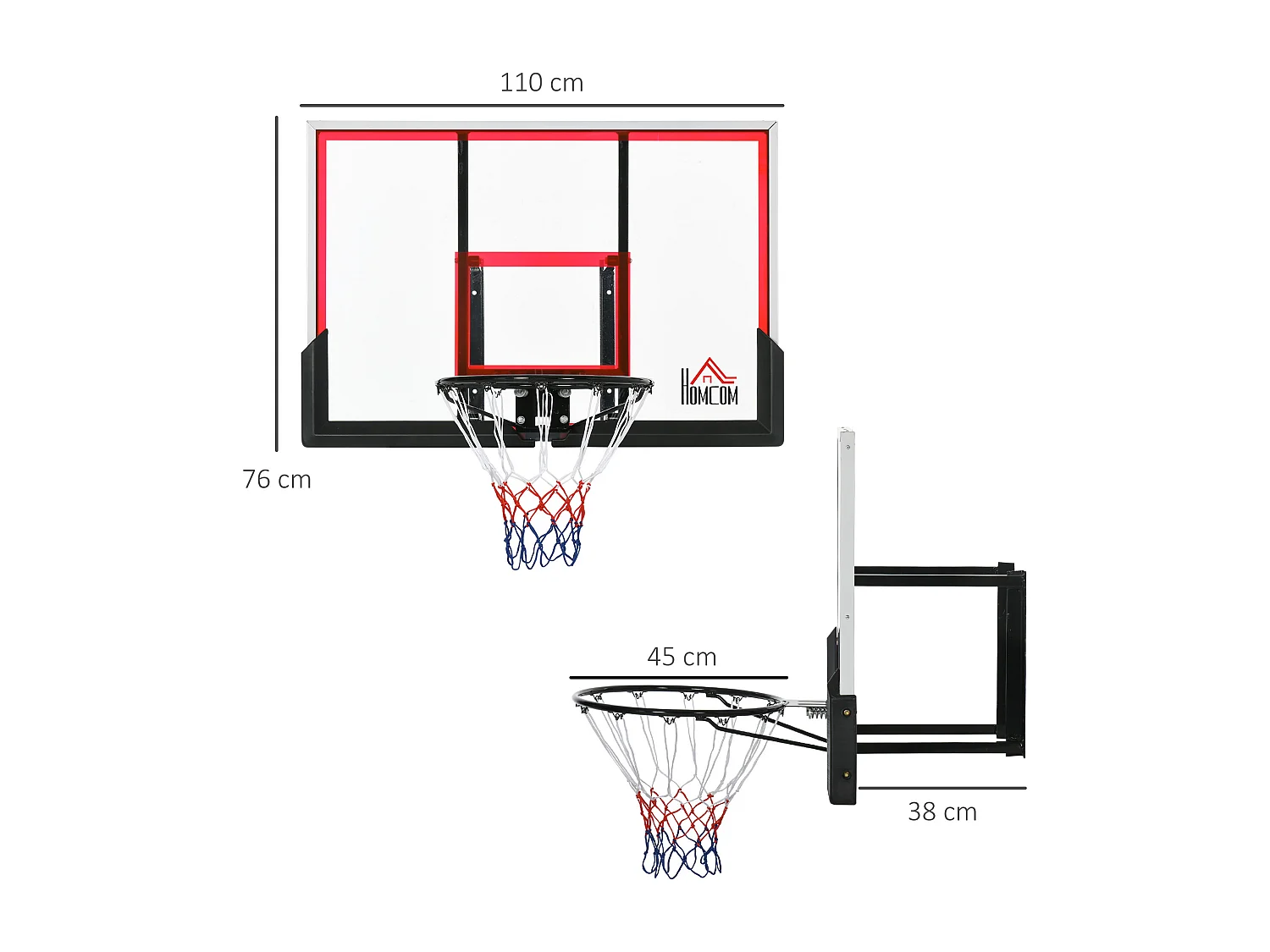 Panier de basket-ball mural avec ressort - panneau de basket à accrocher - visserie incluse - acier PC rouge noir