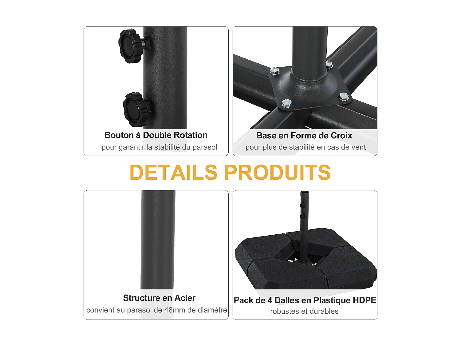 Base de Parasol Pied de Parasol 4 Plaques Durable Acier HDPE 80 x 80 x 50 cm Noir
