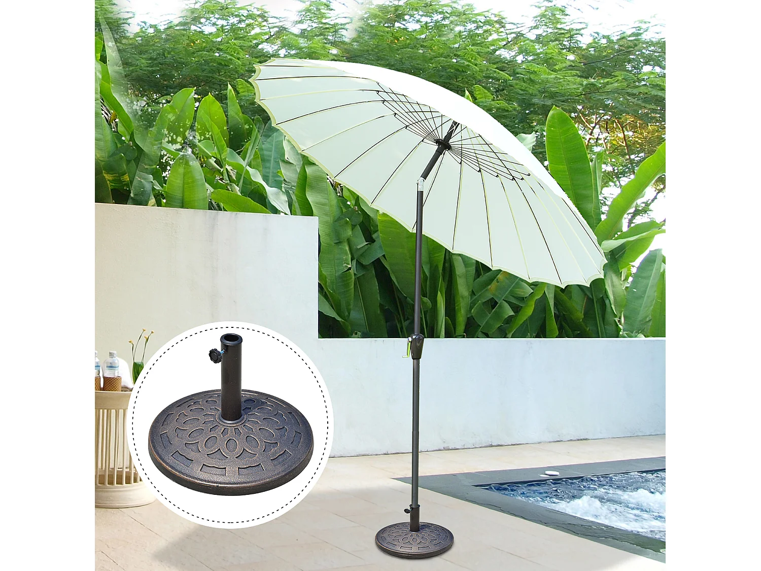 Pied de parasol base de lestage parasol rond résine imitation fonte motif rosace Ø 49 cm poids net 12 Kg bronze