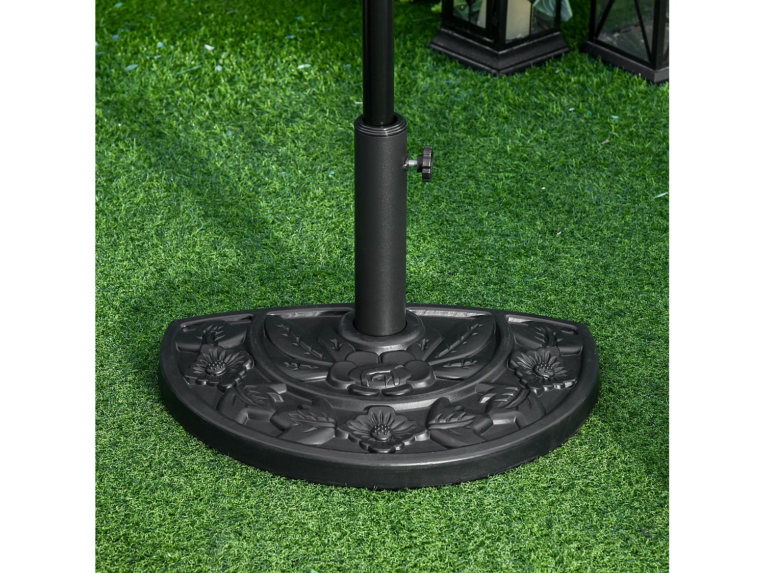 Pied de parasol base de lestage parasol demi-cercle dim. 50L x 32l x 32H cm HDPE motif fleurs feuilles noir