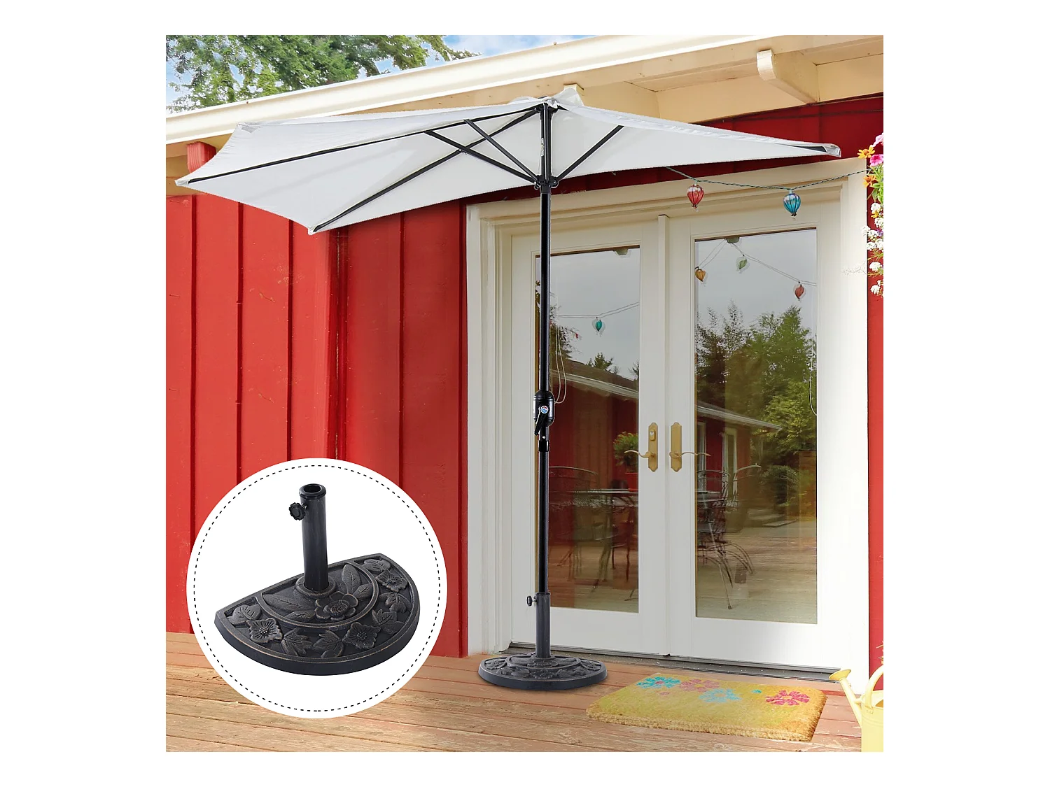 Pied de parasol base de lestage parasol demi-cercle résine imitation fonte motif fleur 50L x 31l x 32H cm bronze