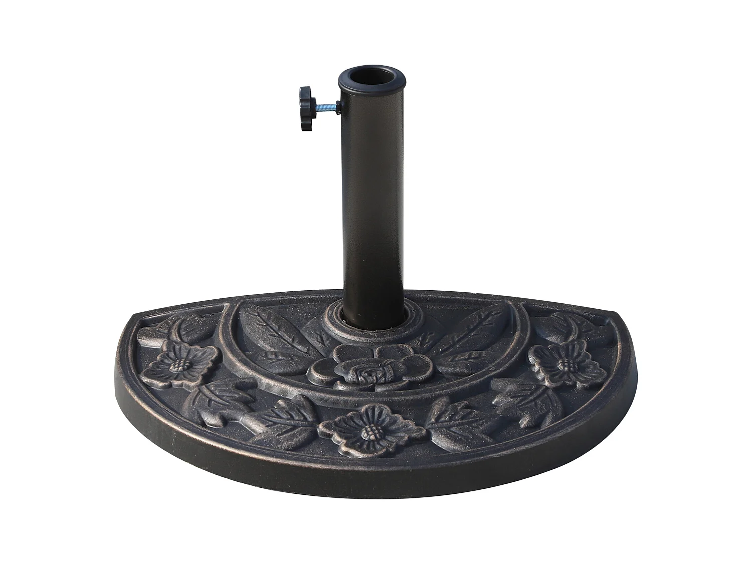 Pied de parasol base de lestage parasol demi-cercle résine imitation fonte motif fleur 50L x 31l x 32H cm bronze