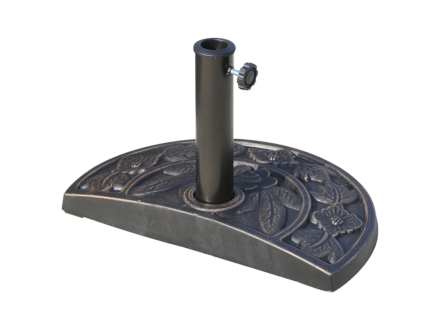 Pied de parasol base de lestage parasol demi-cercle résine imitation fonte motif fleur 50L x 31l x 32H cm bronze
