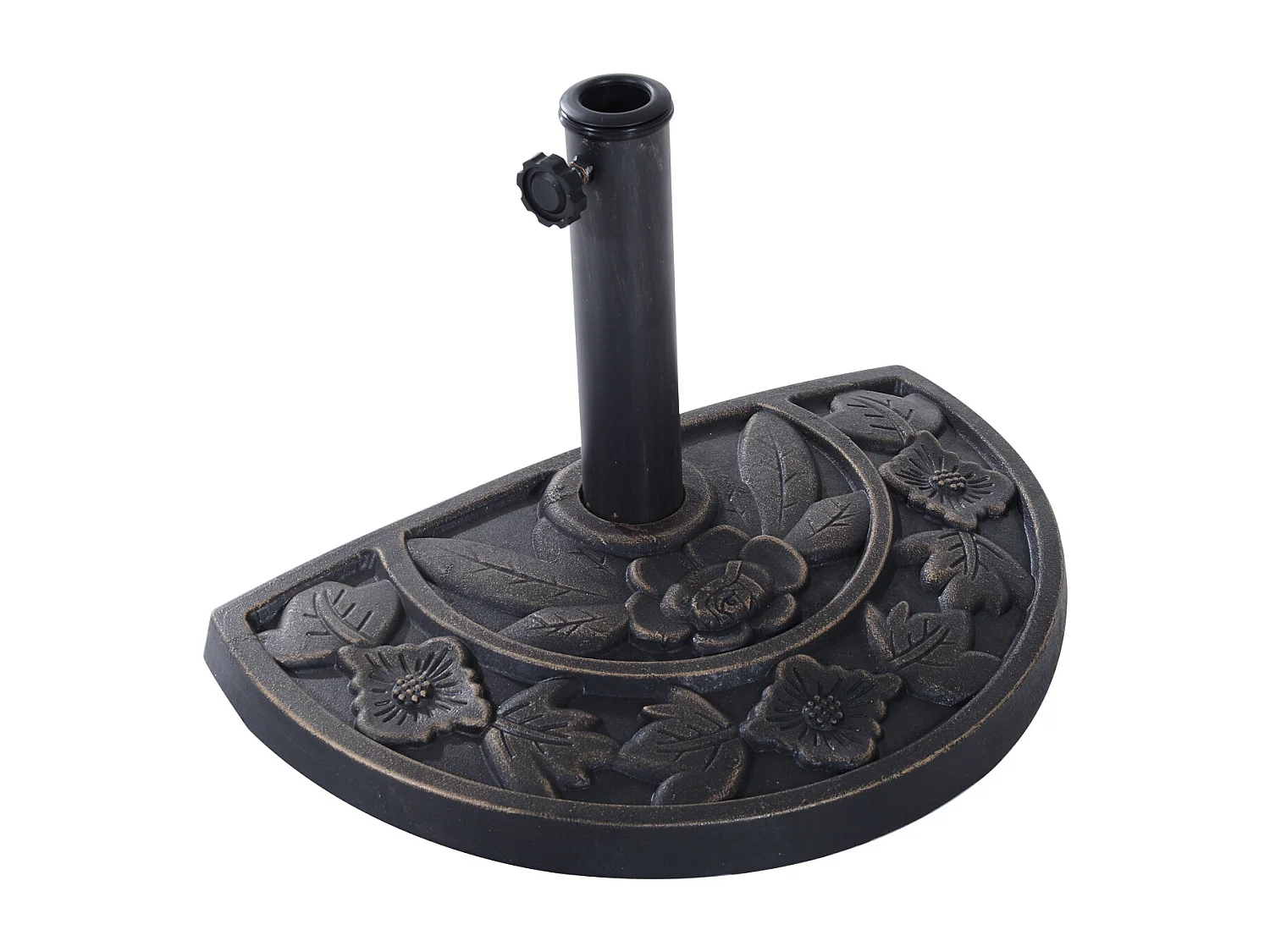 Pied de parasol base de lestage parasol demi-cercle résine imitation fonte motif fleur 50L x 31l x 32H cm bronze