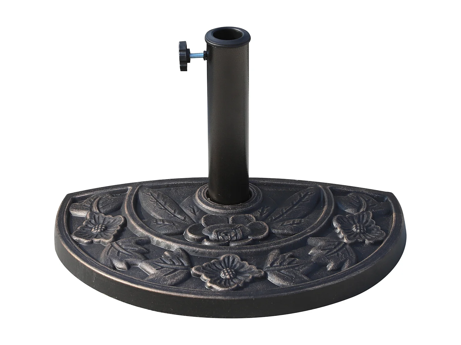 Pied de parasol base de lestage parasol demi-cercle résine imitation fonte motif fleur 50L x 31l x 32H cm bronze