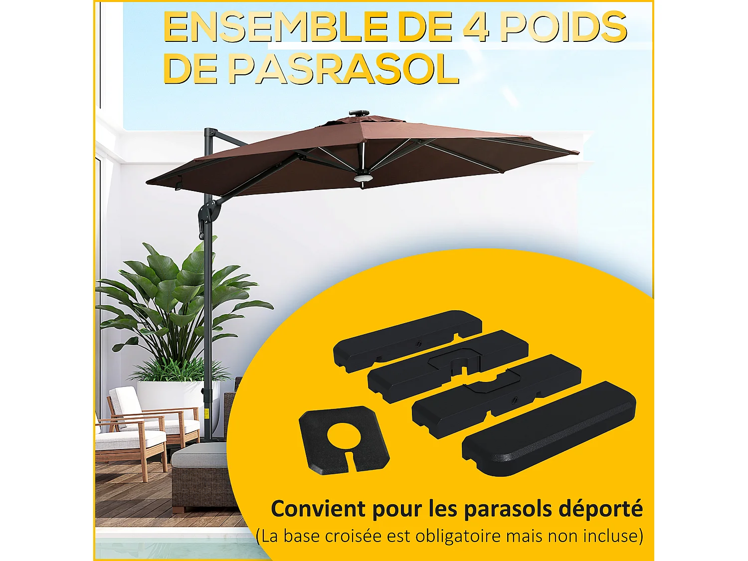 Lot de 4 poids de lestage avec poignées - compatibilité parasols déportés piètement croix - HDPE texturé noir
