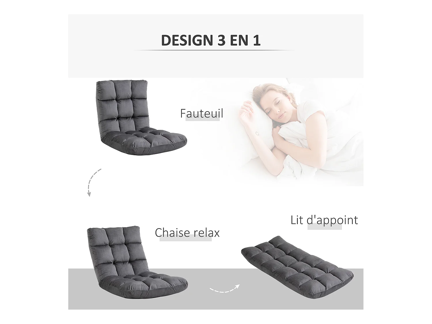 Fauteuil convertible fauteuil paresseux grand confort inclinaison dossier multipositions 90°-180° flanelle polyester capitonné gris foncé