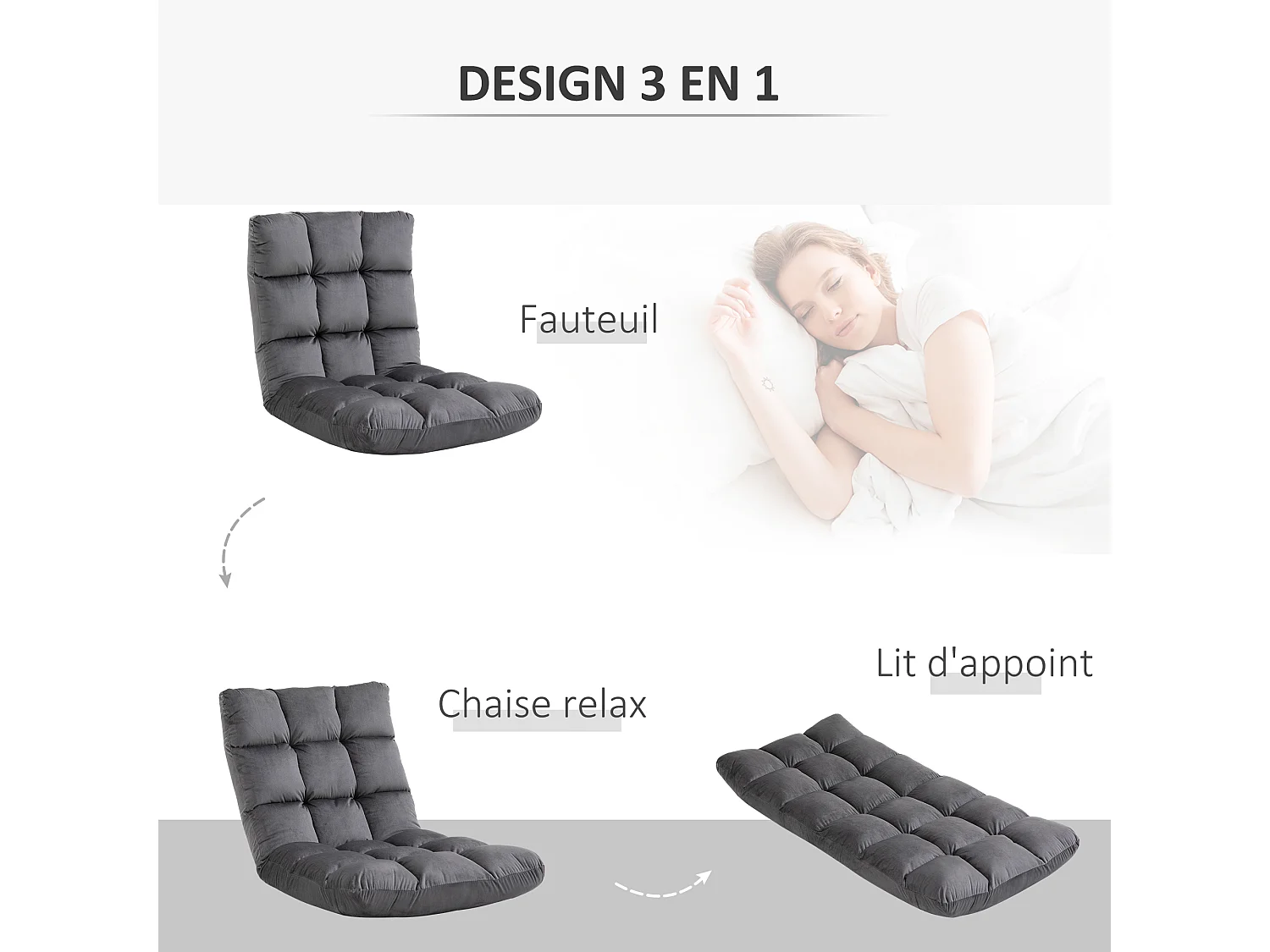 Fauteuil convertible fauteuil paresseux grand confort inclinaison dossier multipositions 90°-180° flanelle polyester capitonné gris foncé