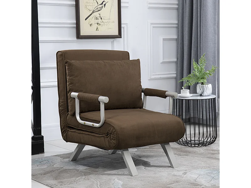 Fauteuil chauffeuse canapé-lit convertible 1 place déhoussable grand confort coussin pieds accoudoirs métal suède marron