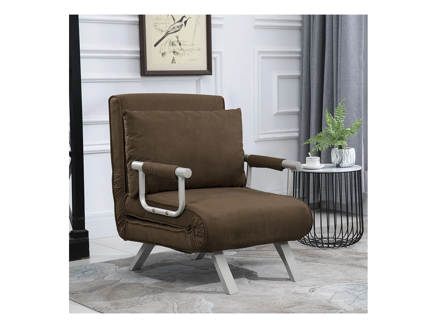 Fauteuil chauffeuse canapé-lit convertible 1 place déhoussable grand confort coussin pieds accoudoirs métal suède marron