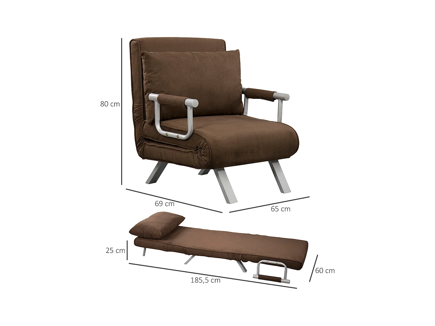 Fauteuil chauffeuse canapé-lit convertible 1 place déhoussable grand confort coussin pieds accoudoirs métal suède marron