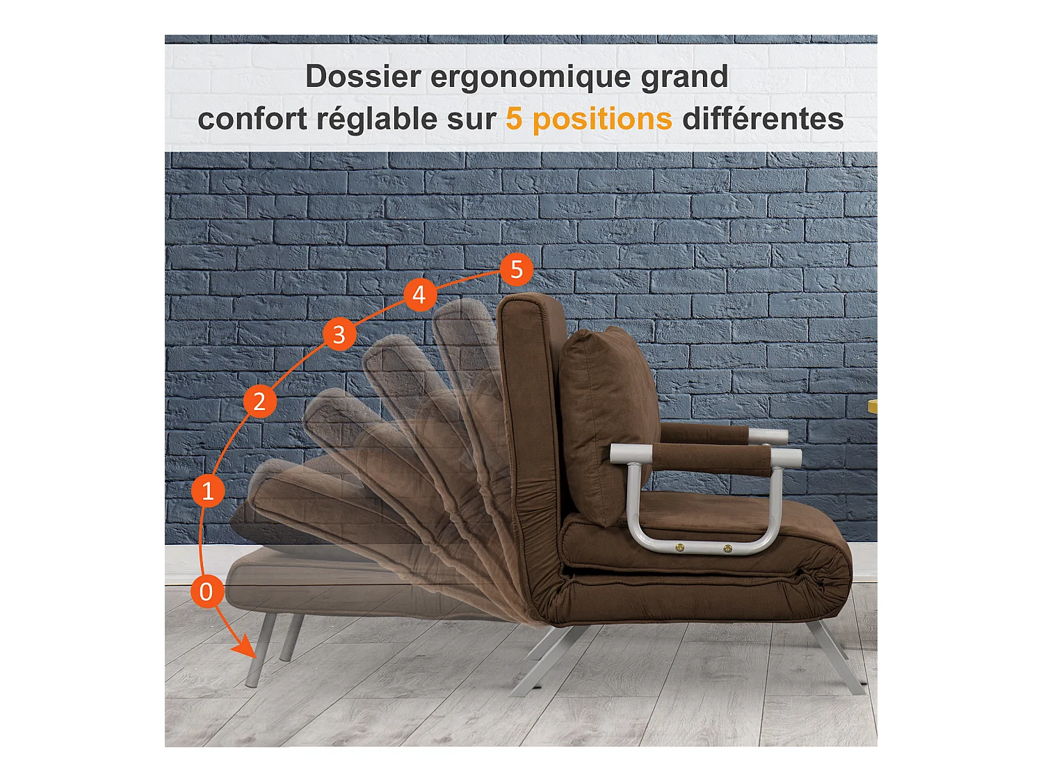 Fauteuil chauffeuse canapé-lit convertible 1 place déhoussable grand confort coussin pieds accoudoirs métal suède marron