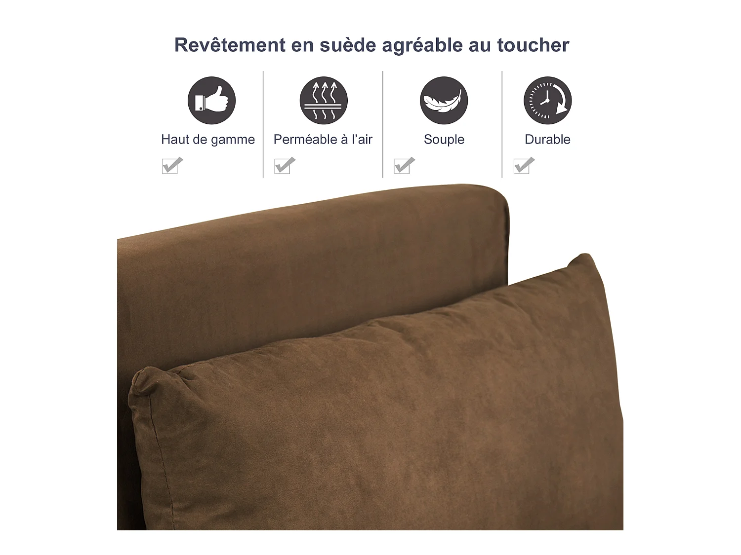 Fauteuil chauffeuse canapé-lit convertible 1 place déhoussable grand confort coussin pieds accoudoirs métal suède marron