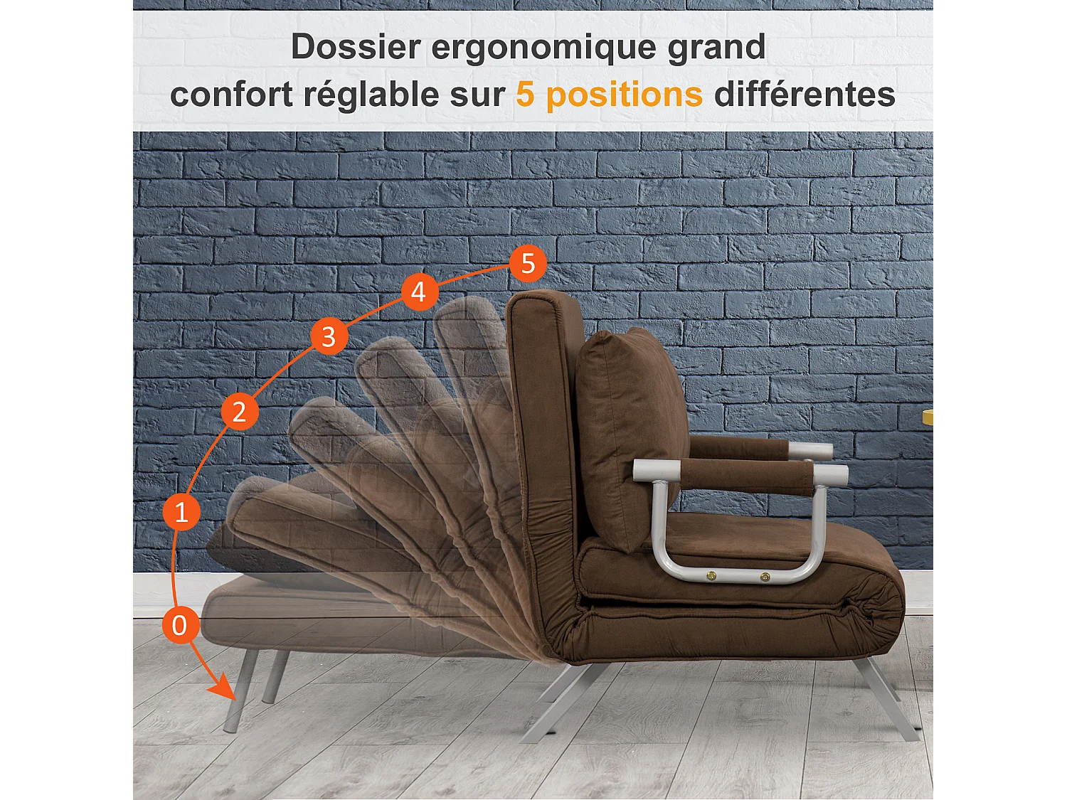 Fauteuil chauffeuse canapé-lit convertible 1 place déhoussable grand confort coussin pieds accoudoirs métal suède marron