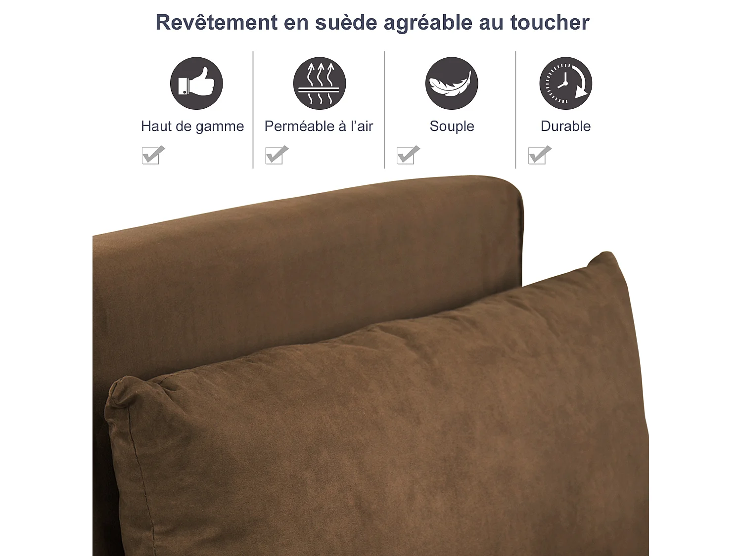 Fauteuil chauffeuse canapé-lit convertible 1 place déhoussable grand confort coussin pieds accoudoirs métal suède marron