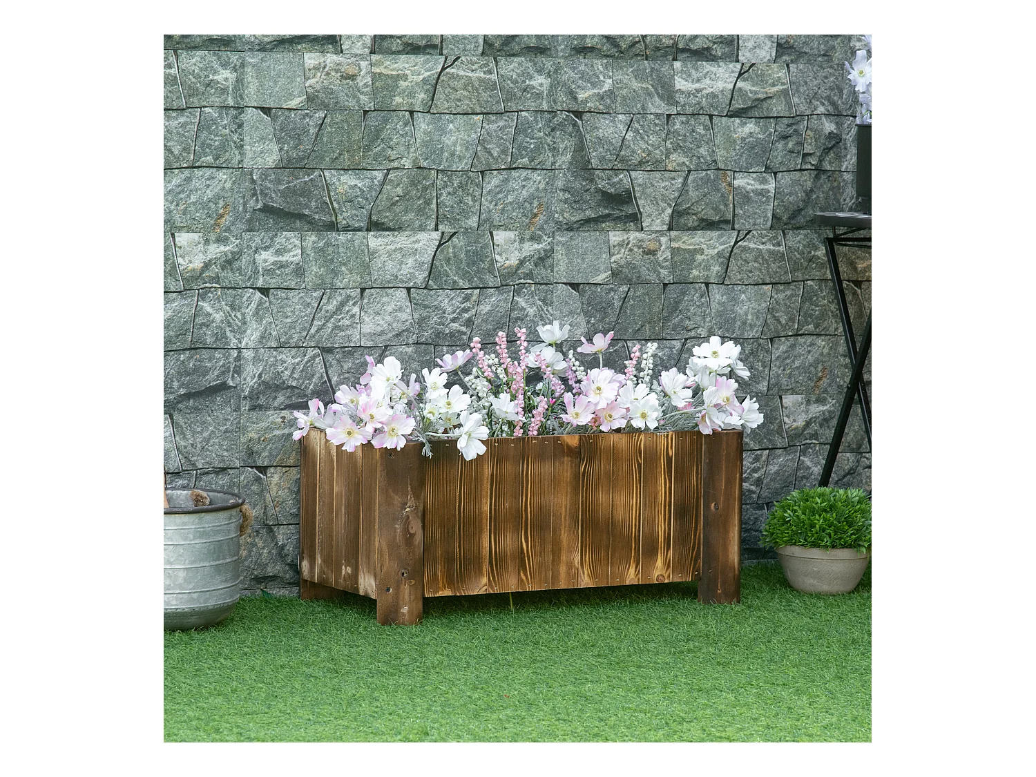Jardinière sur pied bac à fleurs dim. 70L x 35l x 30H cm piètement demi rondin corps aspect lattes bois sapin traité carbonisation