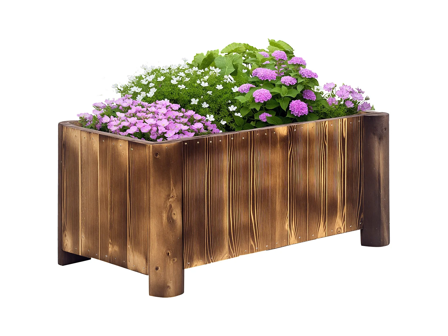 Jardinière sur pied bac à fleurs dim. 70L x 35l x 30H cm piètement demi rondin corps aspect lattes bois sapin traité carbonisation